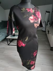 Czarna sukienka koktajlowa w kwiaty ołówkowa L XL na wesele imprezę ba