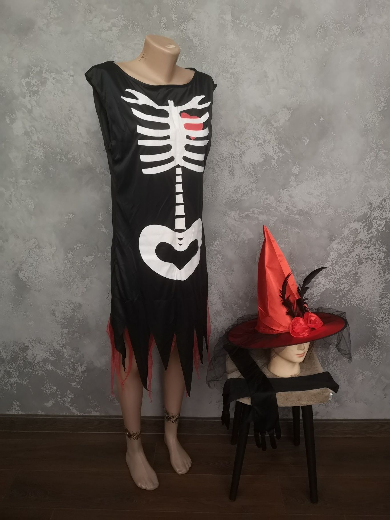 Карнавальный костюм платье скелет ведьма шляпа перчатки хелоуин коспле