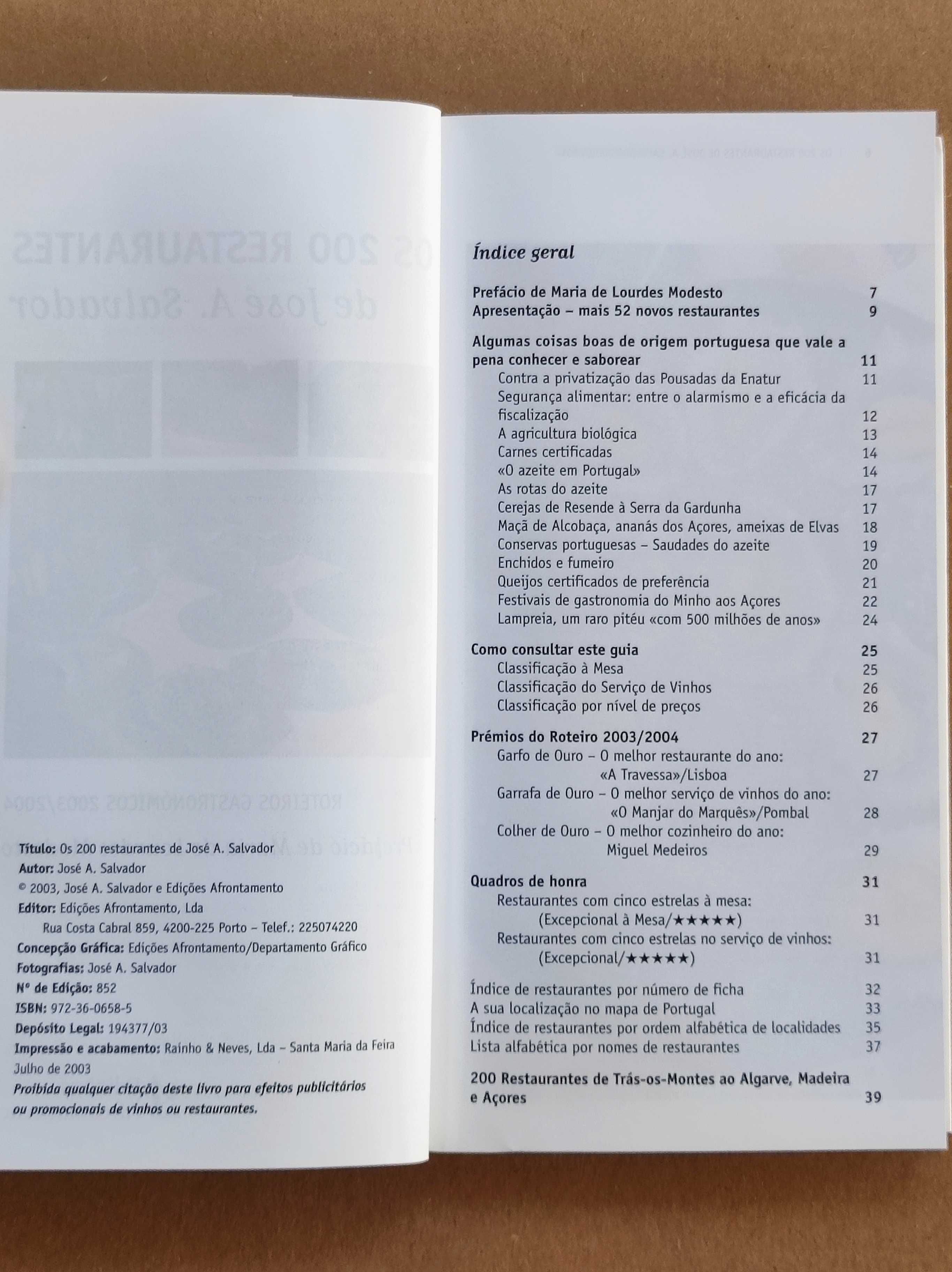 Livro roteiro gastronómico 200 Restaurantes José Salvador