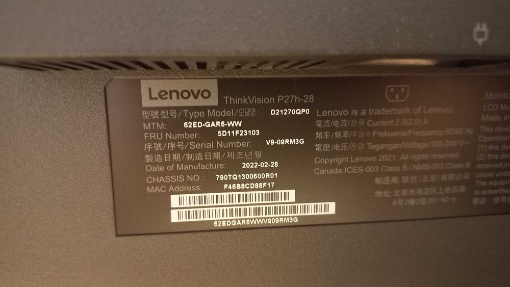 Monitor Lenovo Thinkvision P27h-28 27" LED 2560 x 1440 DisplayPort