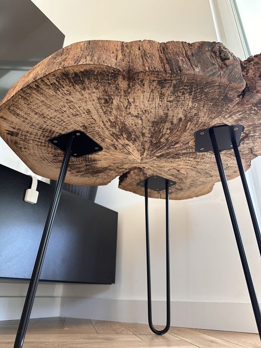 Stolik kawowy z plastra dębu – unikatowy, loft, handmade