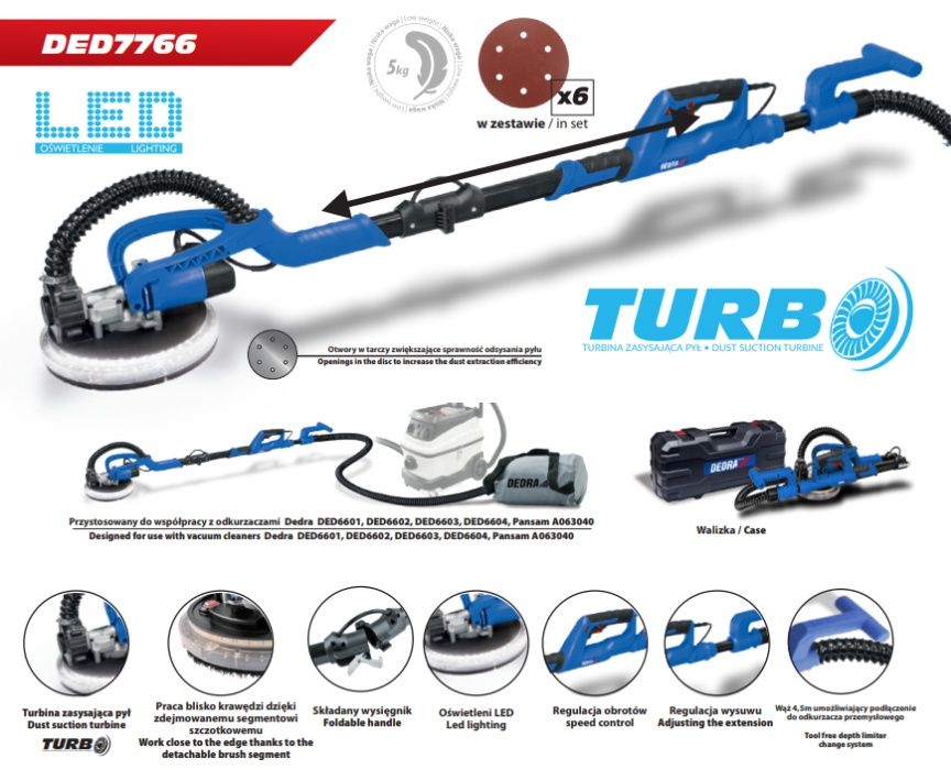 Szlifierka żyrafa do gipsu z wbudowanym odkurzaczem DEDRA DED7766 LED