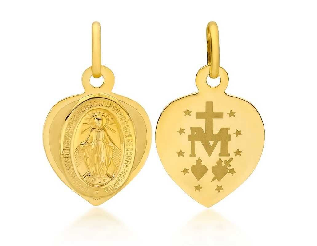 Złoty Cudowny Medalik 585 w kształcie Serca na Chrzest Duży Dwustronny