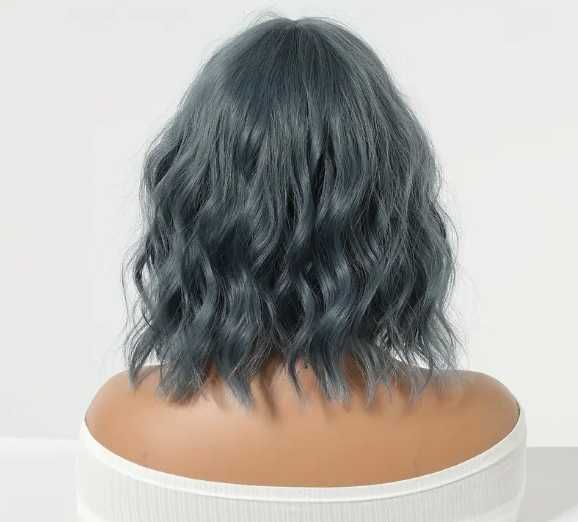 Peruka damska niebieski bob włosy kręcone z grzywką dostawa 24h PL