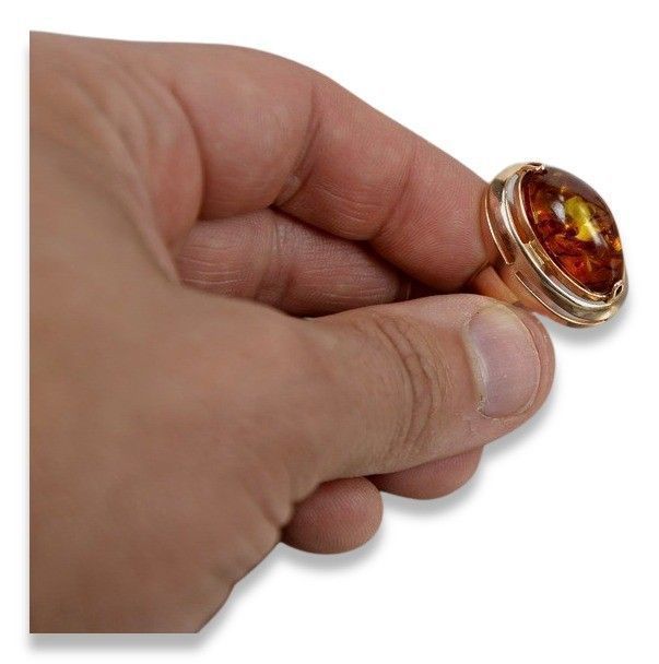 Pierścionek z różowego czerwonego 14k 585 złota z bursztynem vrab004 G