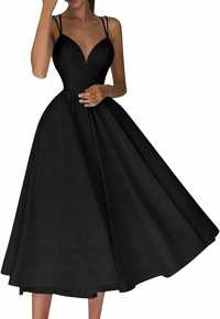Czarna rozkloszowana sukienka na ramiączkach wesele S 36