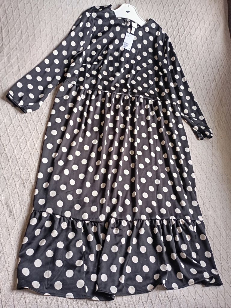 H&M XL czarna luźna NOWA długa sukienka w kremowe kropki midi maxi