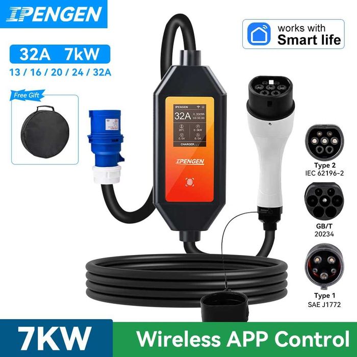Зарядний пристрій електро EV авто 32A 7 KW 1 фаза type 1, type 2 WIFI