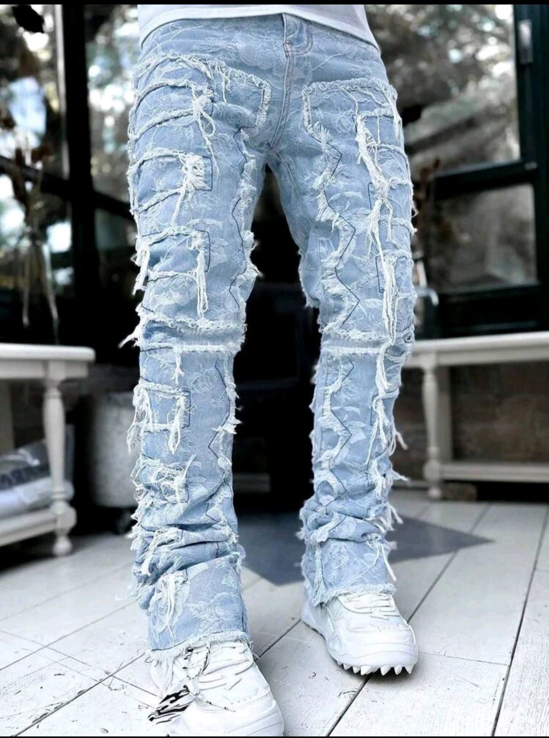Calça jeans casual slim fit desfiada estilo street masculino