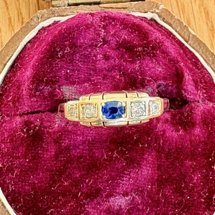 Artdeco pierścionek złoto 14k diamenty 0.14ct szafir naturalny R 15
