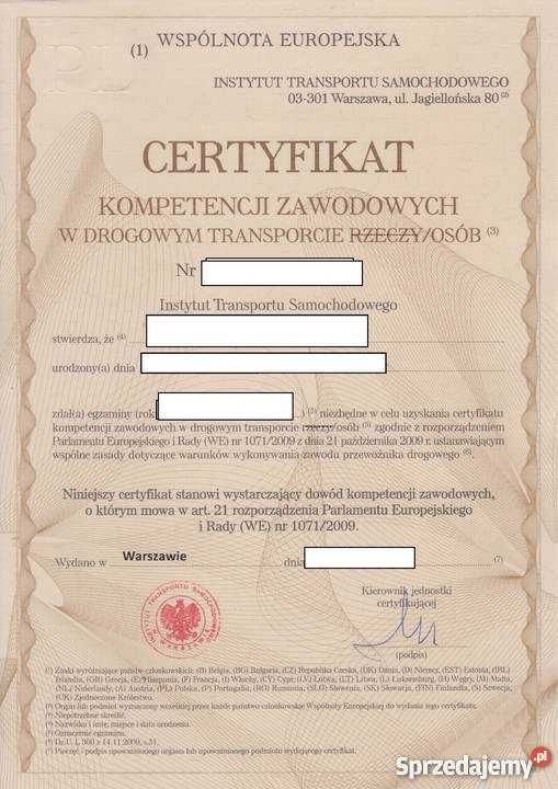 Użyczę Certyfikat Kompetencji Zawodowych  transporcie osób .