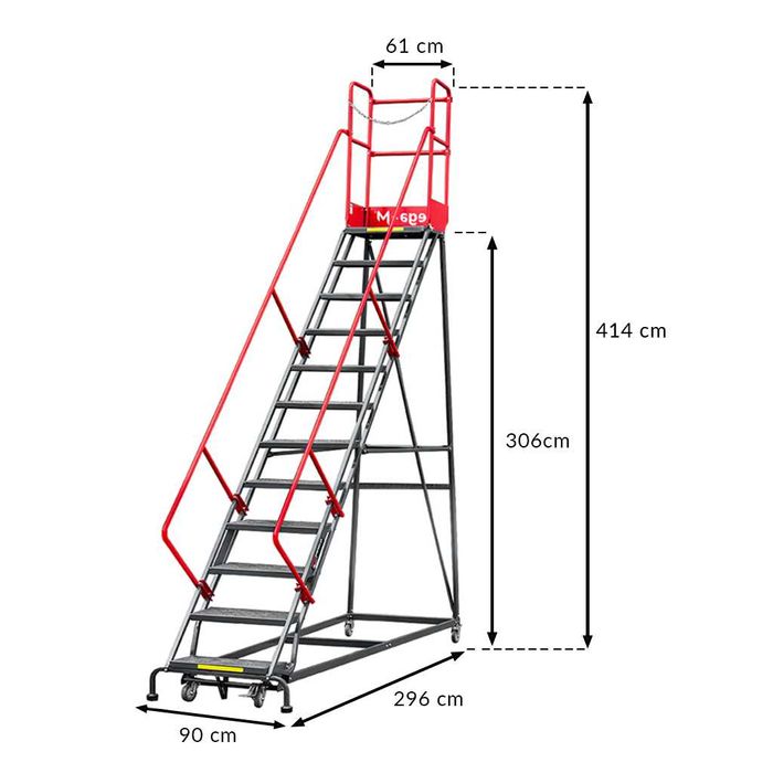 Używana Drabina magazynowa przejezdna Mega-M H 306 cm 12 stopni