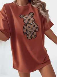 T-shirt damski oversize miś bear cegła nowość
