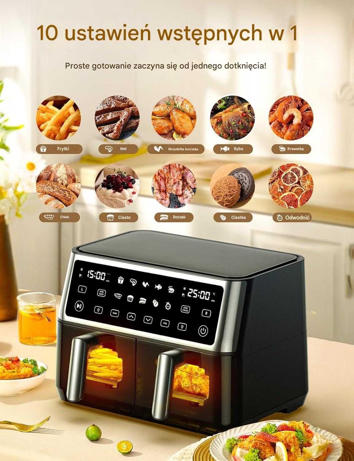 AIR FRYER Frytkownica Beztłuszczowa Mocna 2400W 6L 2 KOMORY Z OKNAMI!