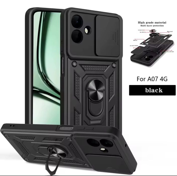 Противоударный чехол на Samsung A07 со шторкой на камеру с кольцом