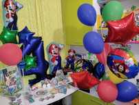 Посуда, колпачки, наклейки, топперы,шары Супер Марио, цифра 4