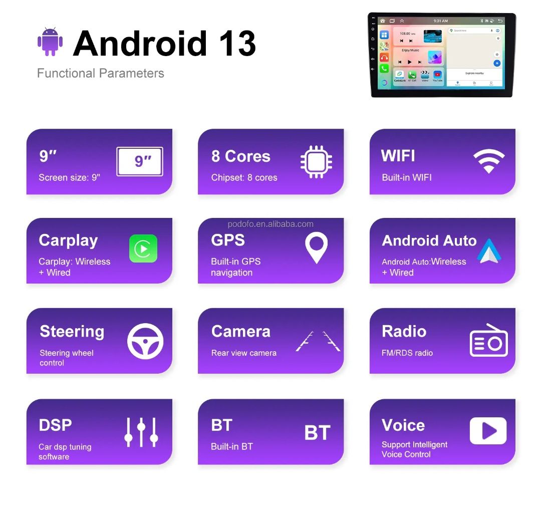 Rádio android 13 9 polegadas CARPLAY WIFI GPS 4/64GB 8-CORE Novo