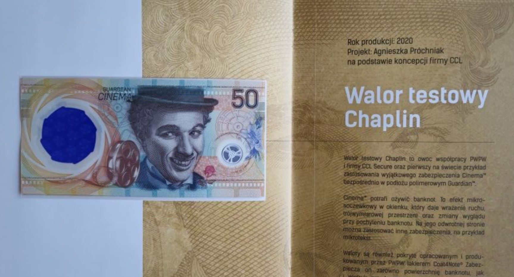 Folder 105 lat PWPW S.A. banknoty testowe Chaplin