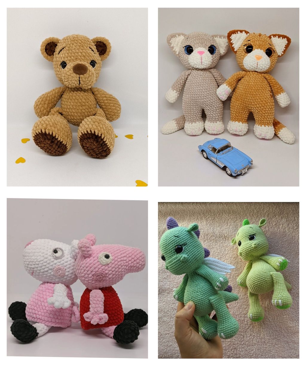 В'язані іграшки:Пеппа, русалка, пантера, ведмедик, зайчик, патріотичні