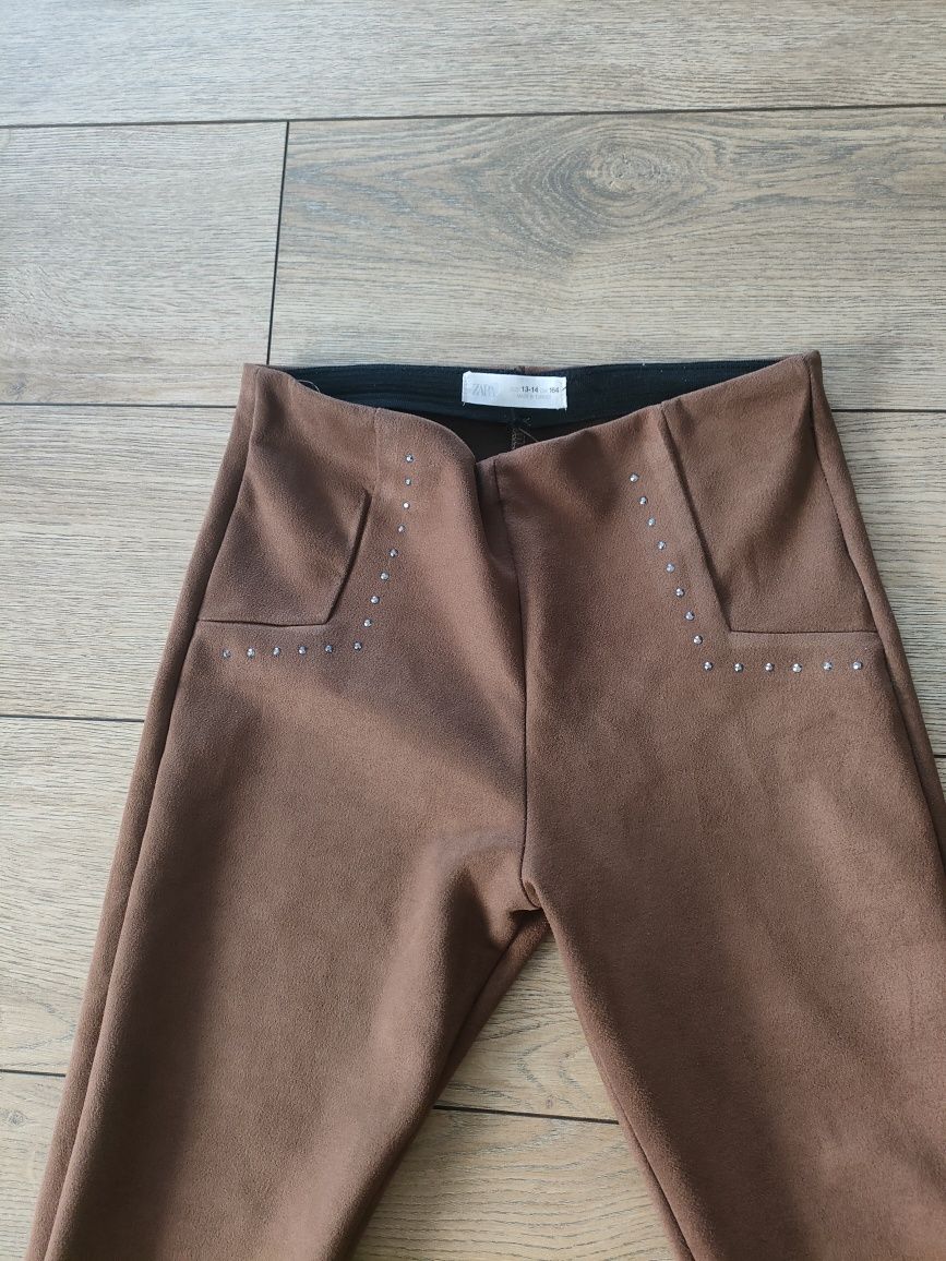 Legginsy zamsz spodnie zamszowe Zara 158 brąz eleganckie