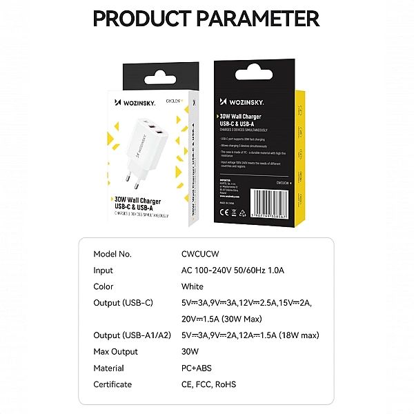 Ładowarka sieciowa Wozinsky CWCUCW 30W USB-C / 2 x USB-A - biała