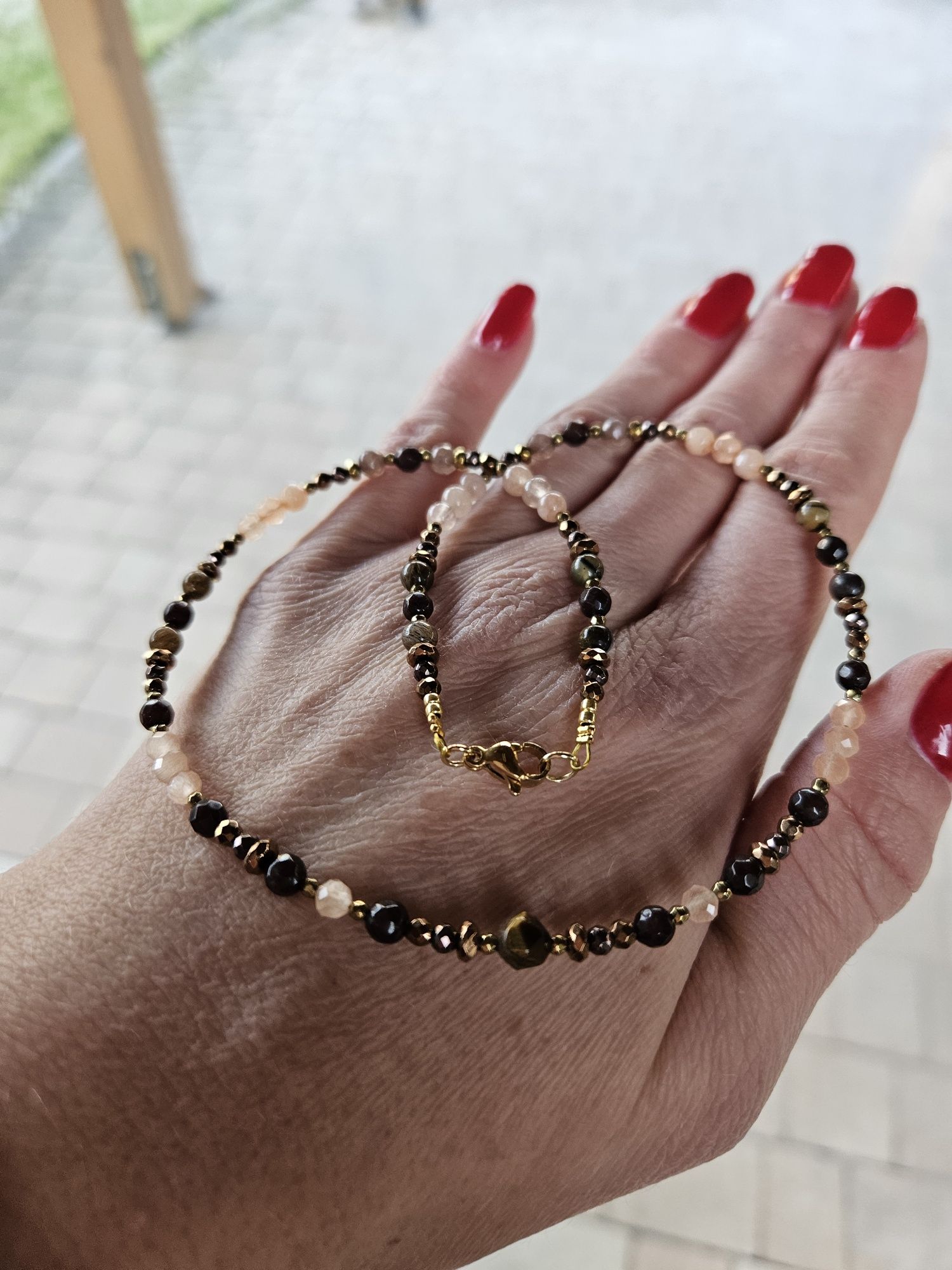 Naszyjnik Choker kamienie naturalne Tygrysie oko Jadeit Agat Hematyt