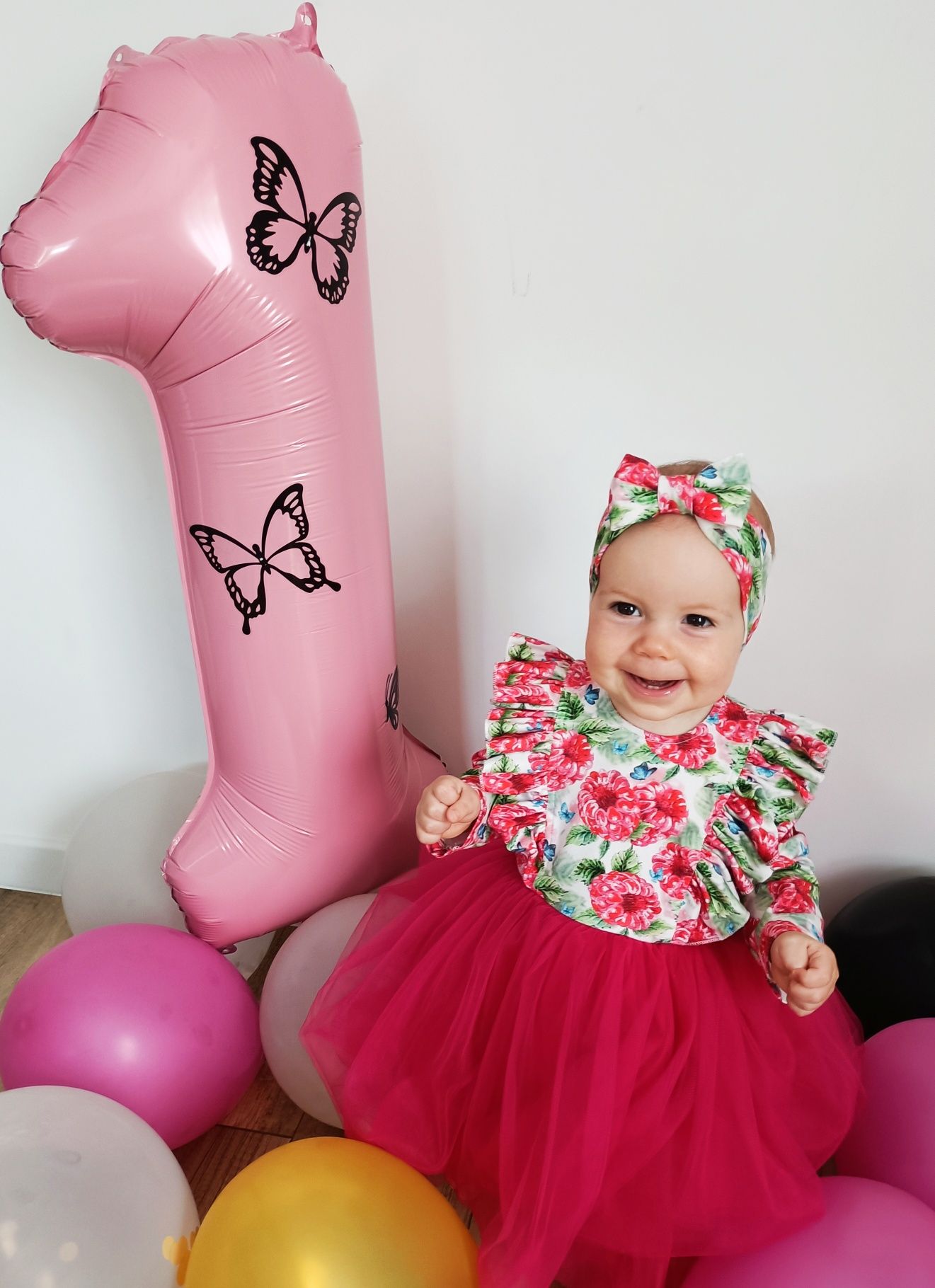 Sukienka tiulowa na roczek handmade + bloomersy + opaska