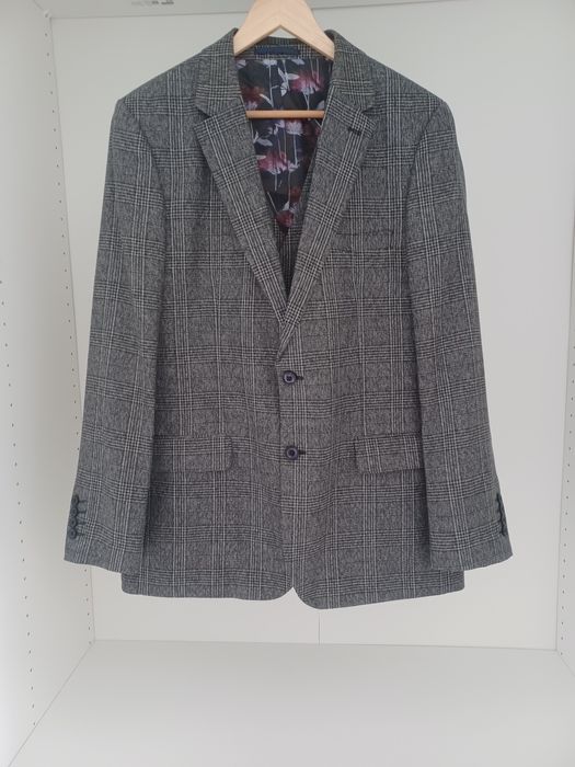 Marynarka + kamizelka L krata szara slim fit