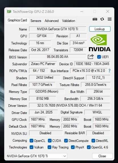 ZOTAC Geforce GTX 1070 Ti mini