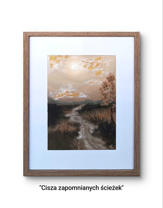 Obrazy malowane akrylem i strukturą ze złotymi akcentami, 30x40 cm