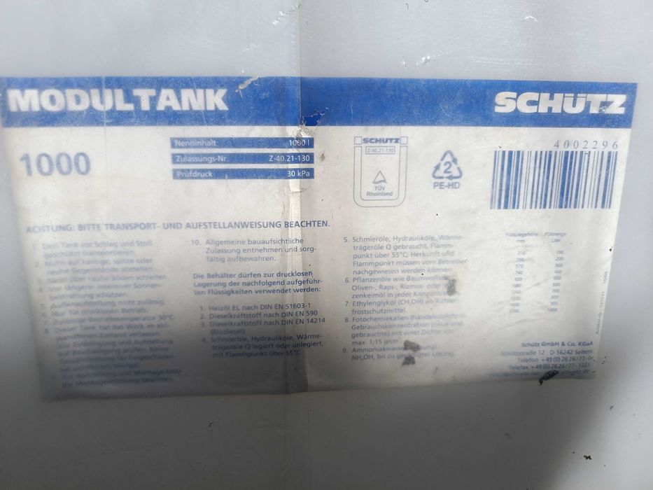Olej opałowy SCHUTZ 1000 L zbiornik