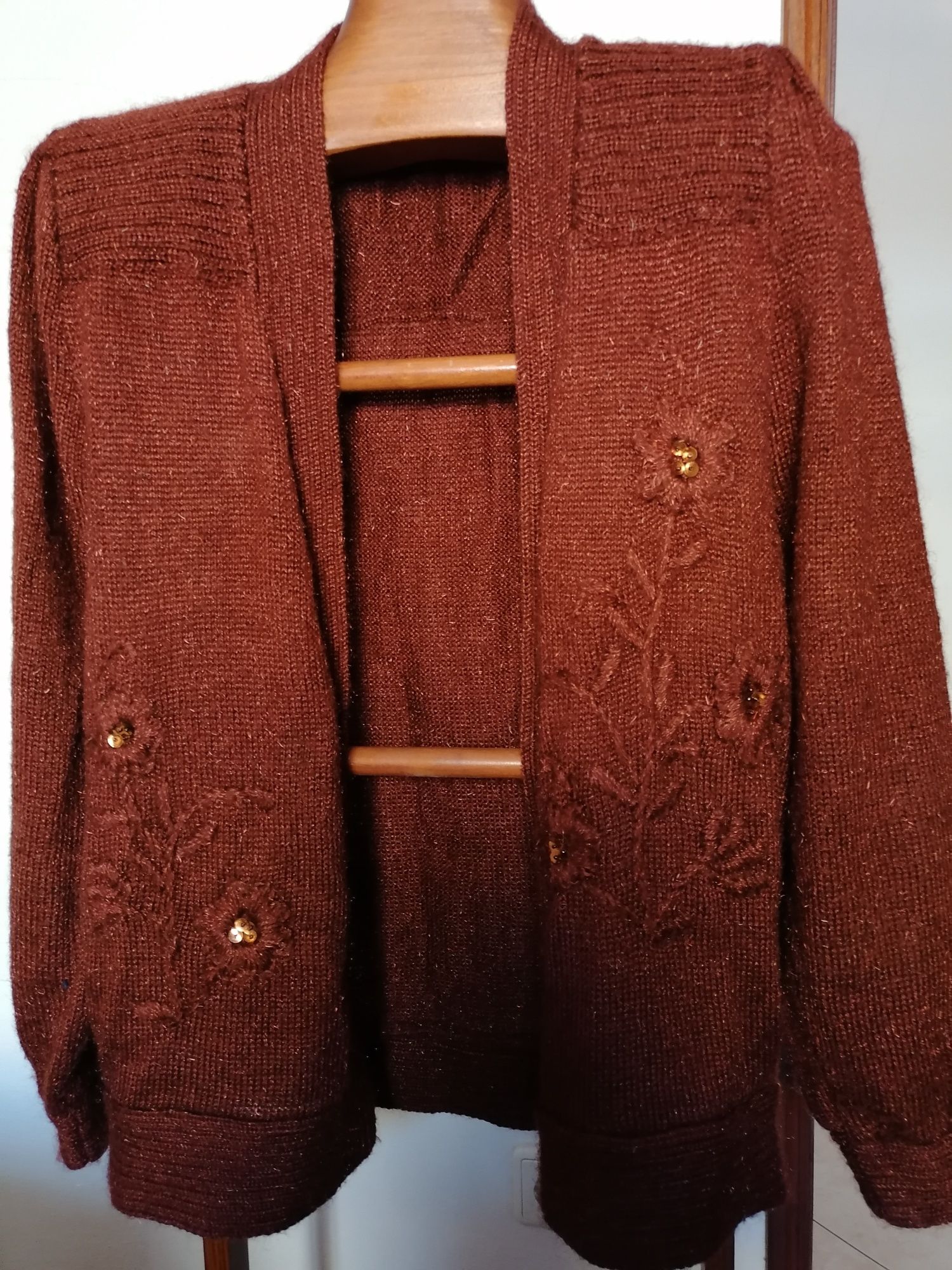 Casaco de malha portuguesa, vintage, tamanho L, bordeaux