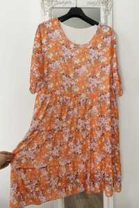 Sukienka pomarańczowa w drobne kwiatuszki na podszewce plus size nowa