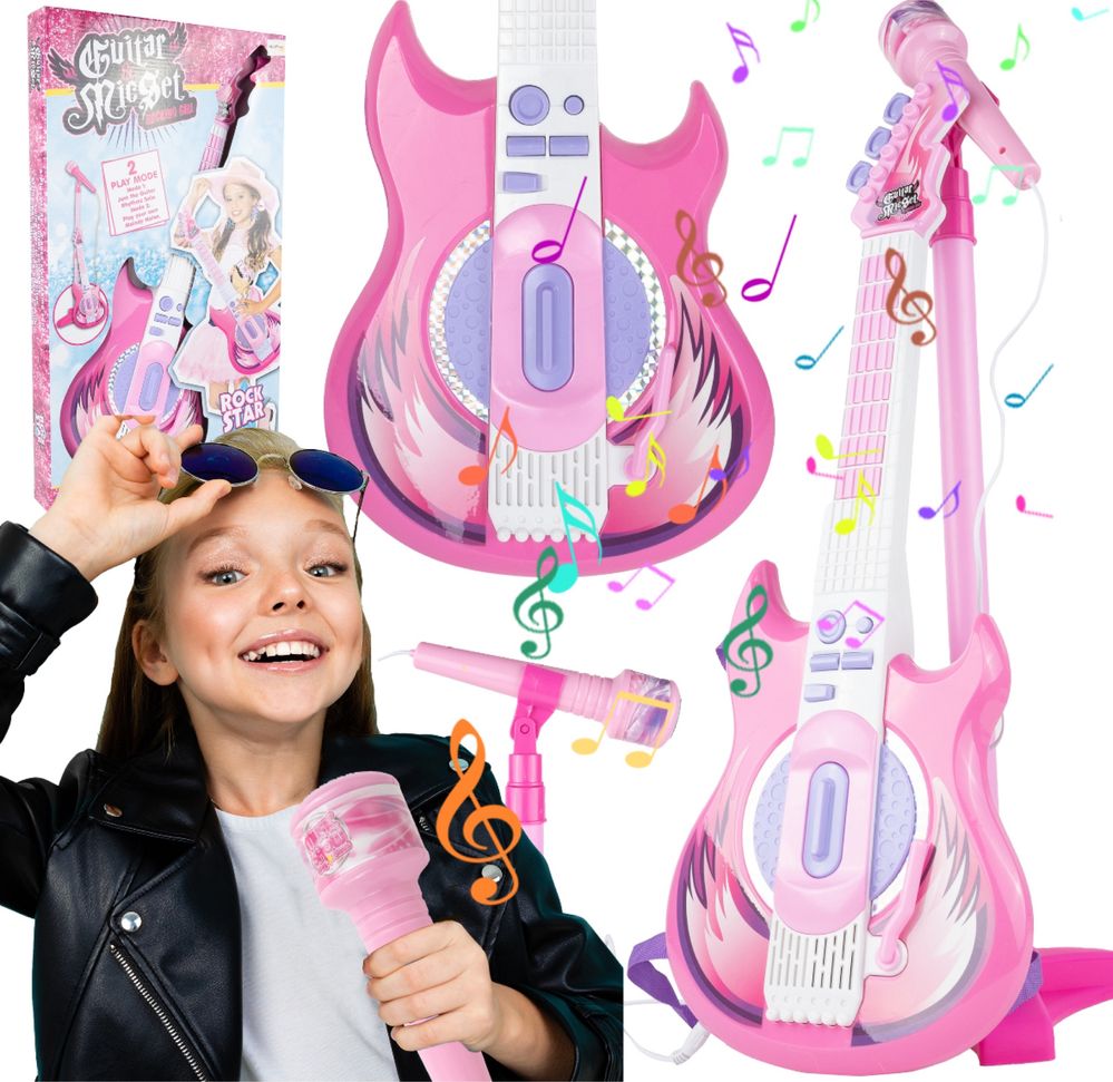 GITARA ELEKTRYCZNA Z MIKROFONEM zestaw do karaoke na statywie prezent