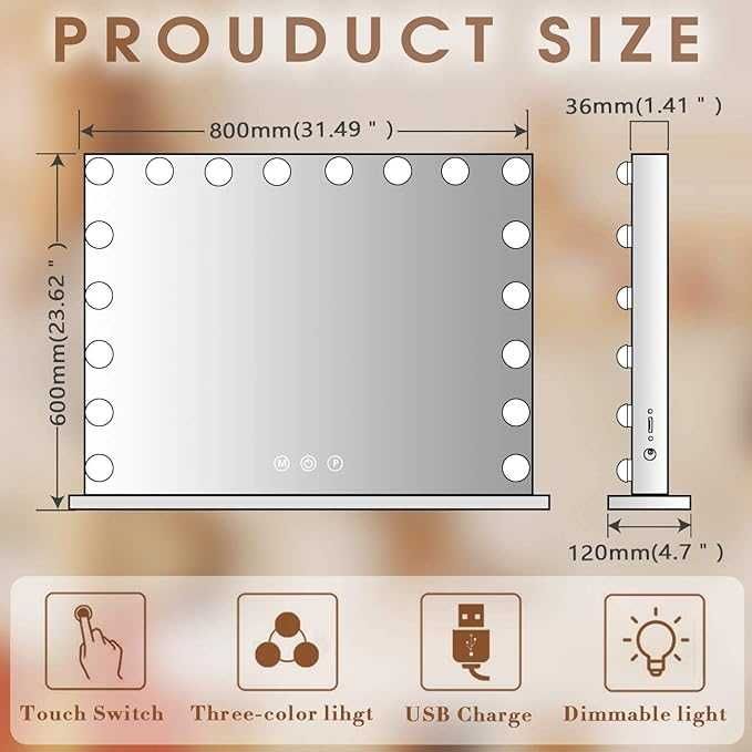 80 x 60cm Lusterko do makijażu 18 LED Hollywood Mirror Hansong