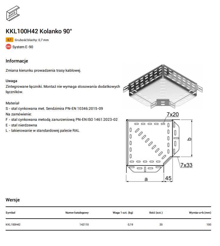 Baks Kolanko 90° KKL100H42, grubość blachy 0,7mm 142110