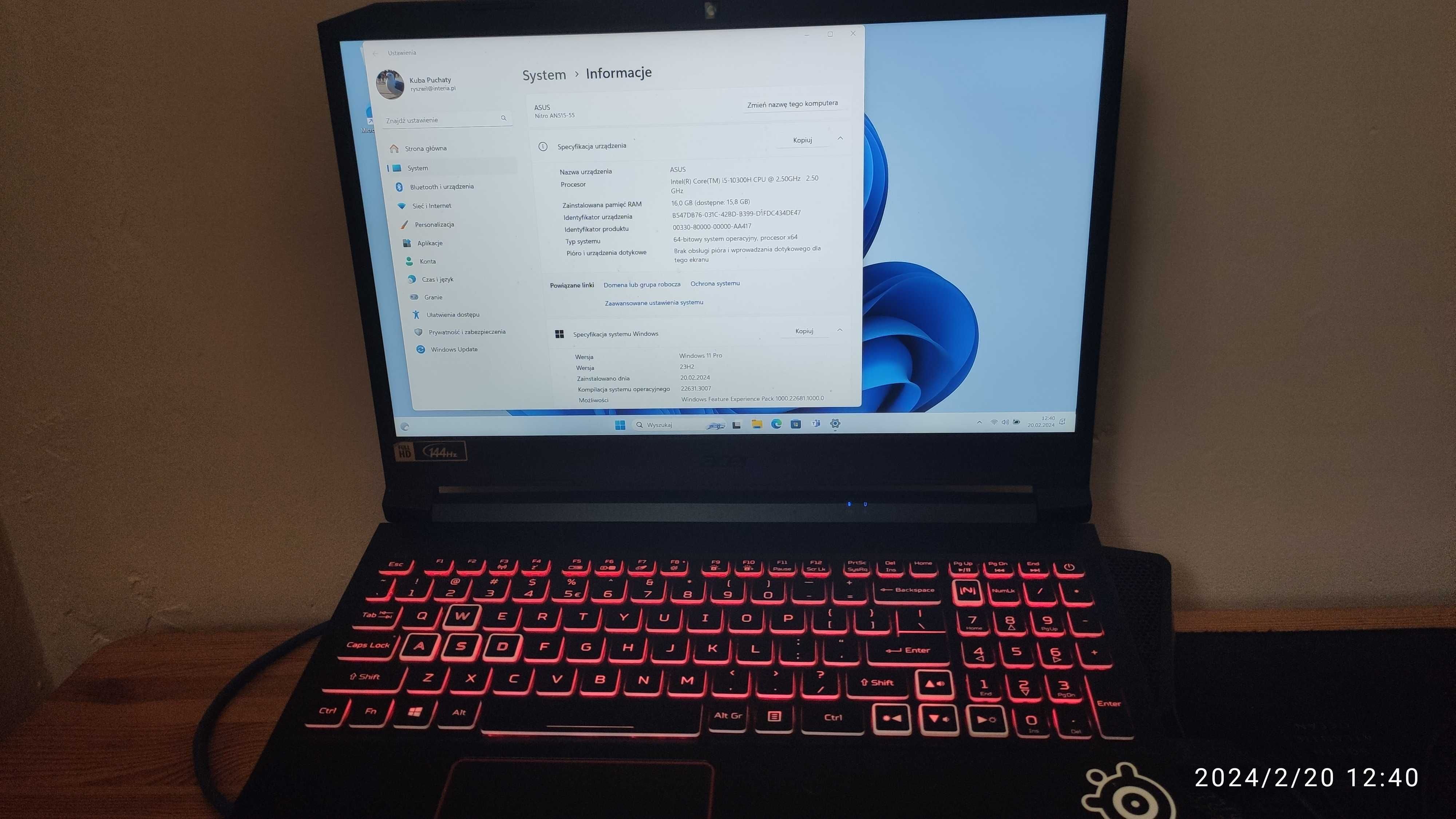 Asus Nitro AN-515-55 RAM 16 GB,dysk ssd 1 tb. W-11 pro. 144HZ,MOCARZ