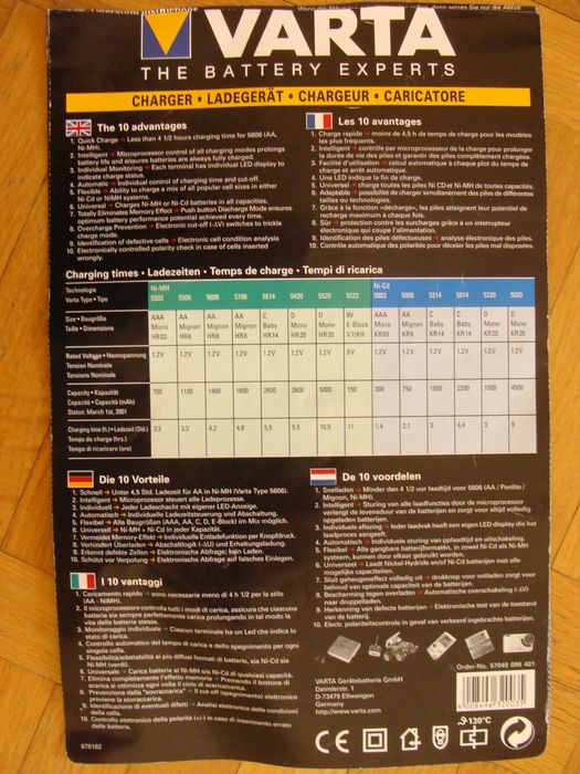 Зарядне Varta 57040 для акумуляторів NiMh/NiCd АА, ААА, С, D, R22крона