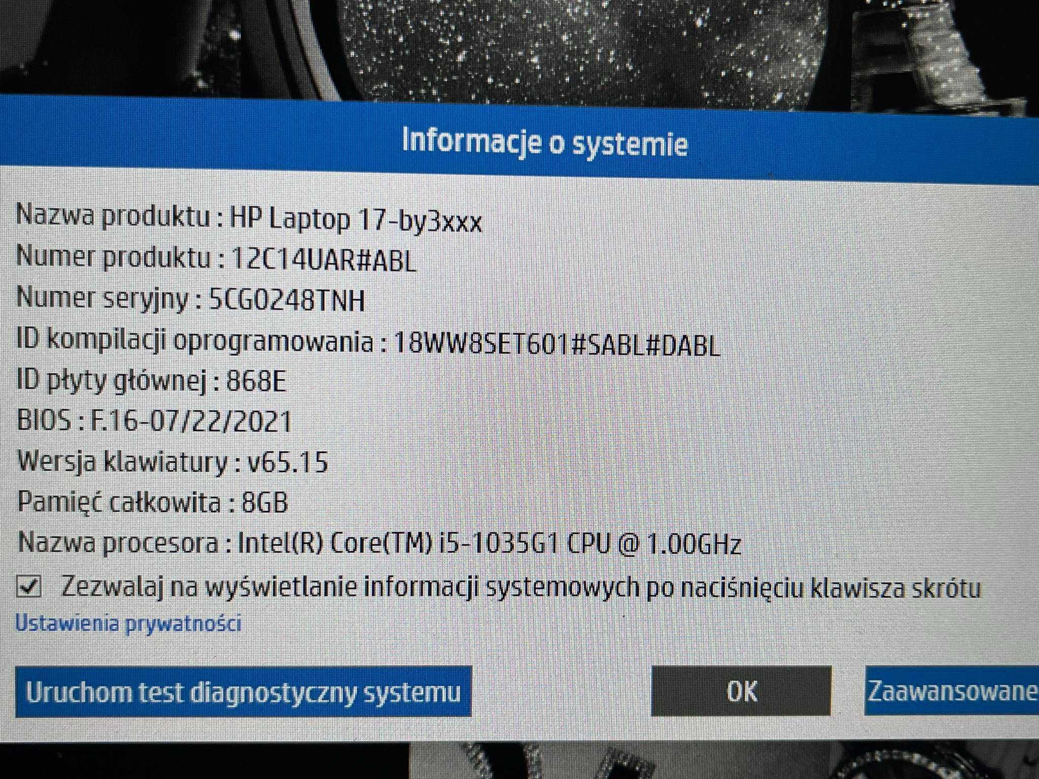 Laptop Hp 17-BY3003CA używany windows 11 home