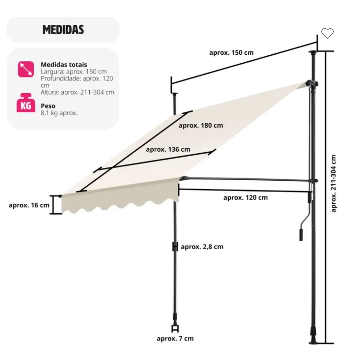Toldo para varanda/terraço com manivela, altura regulável (NOVO)