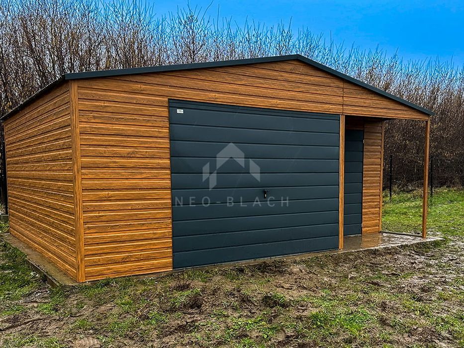 Garaż Blaszany 8X5M + Wnęka 1X2 - Brama Drzwi Drewnopodobny Nb110