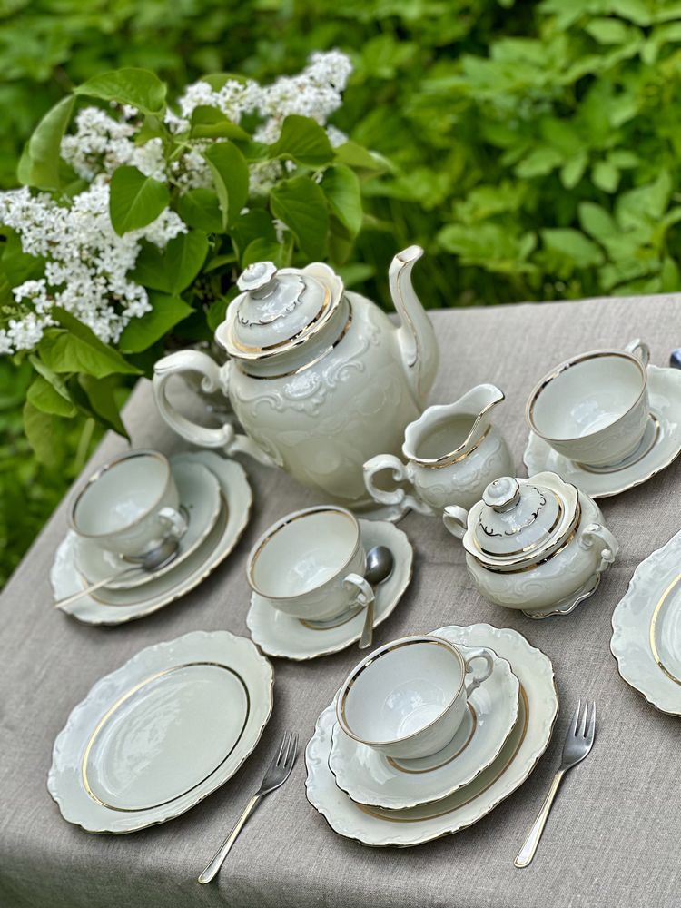Serwis deserowy kawowy Schumann Bavaria porcelana ecru 11 sztuk