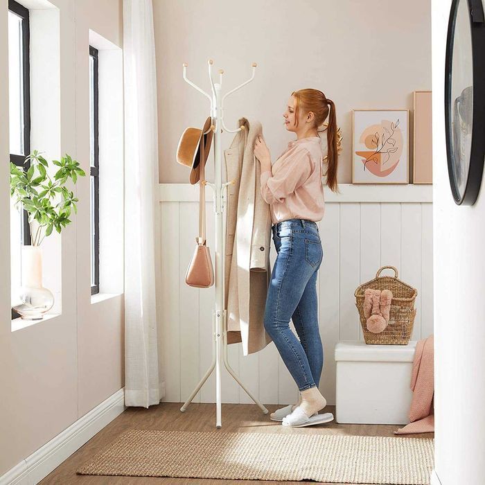 Cabide de pé alto lacado, cabide metálico 12 ganchos, 182 cm, branco