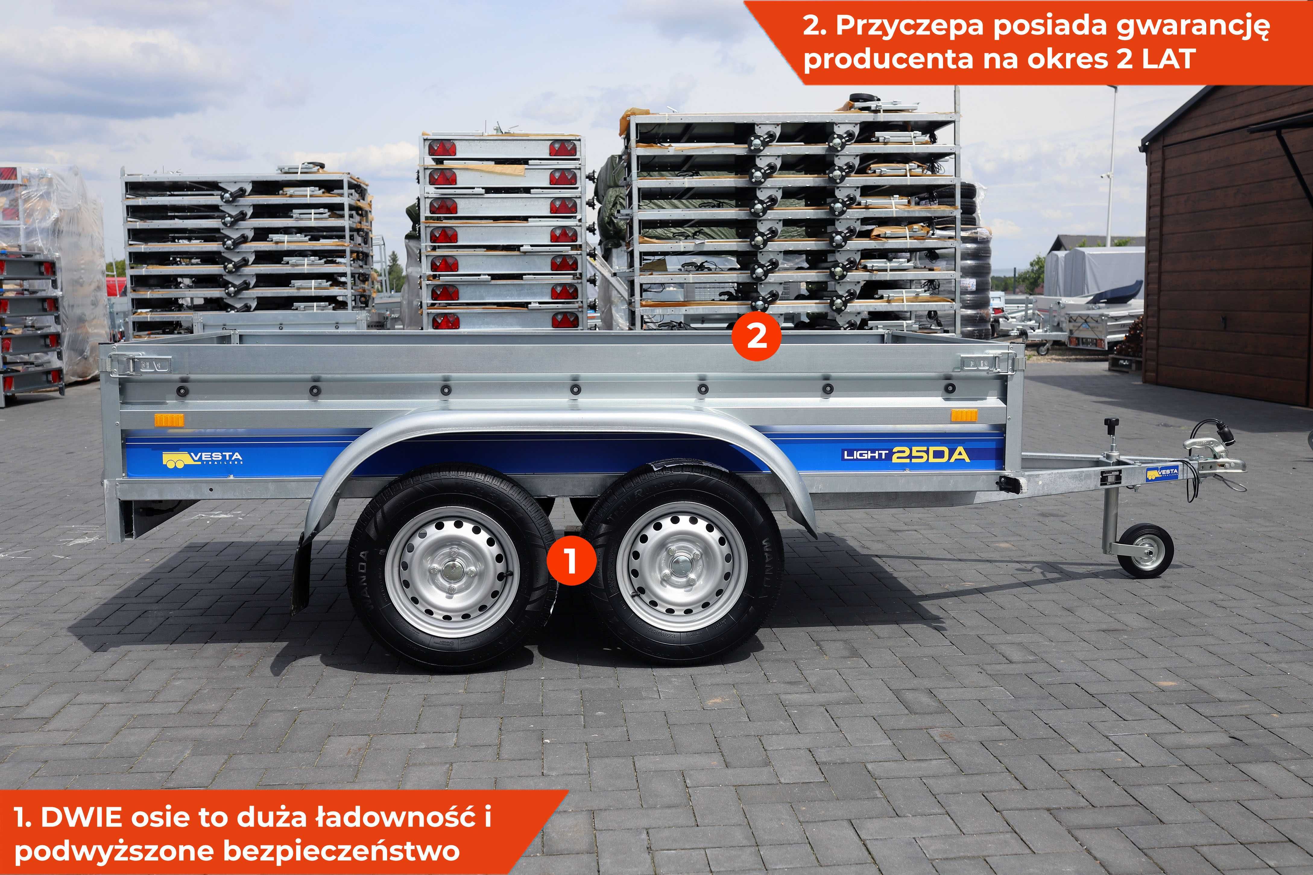 Mocna przyczepa 2 osiowa 252x135x37 Vesta light 25DA tandem SPAWANA