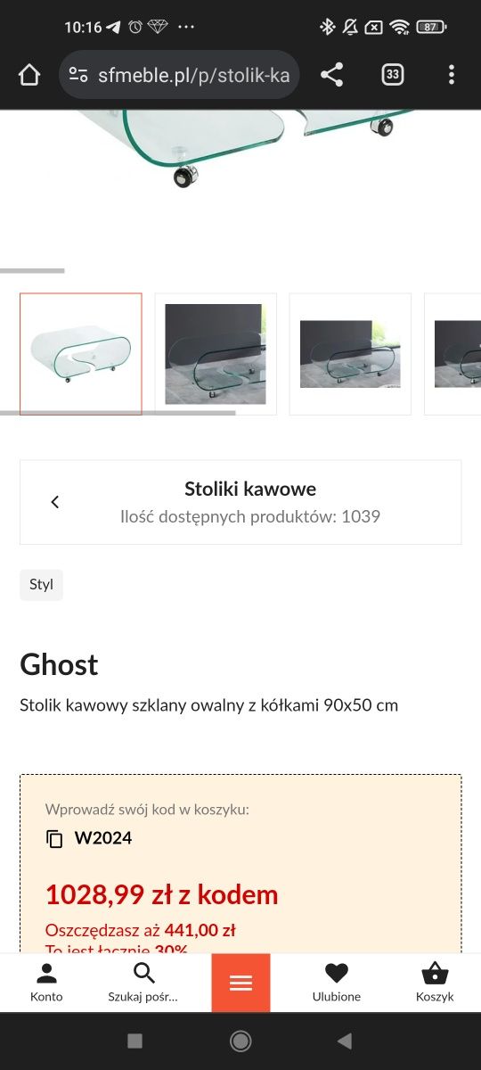 Stolik ze szkła giętego 90x60cm ghost nowoczesny stolik kawowy