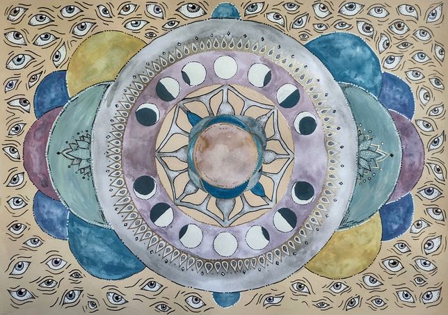 Mandala obraz ręcznie malowany psychodeliczny mandala oczy księżyc