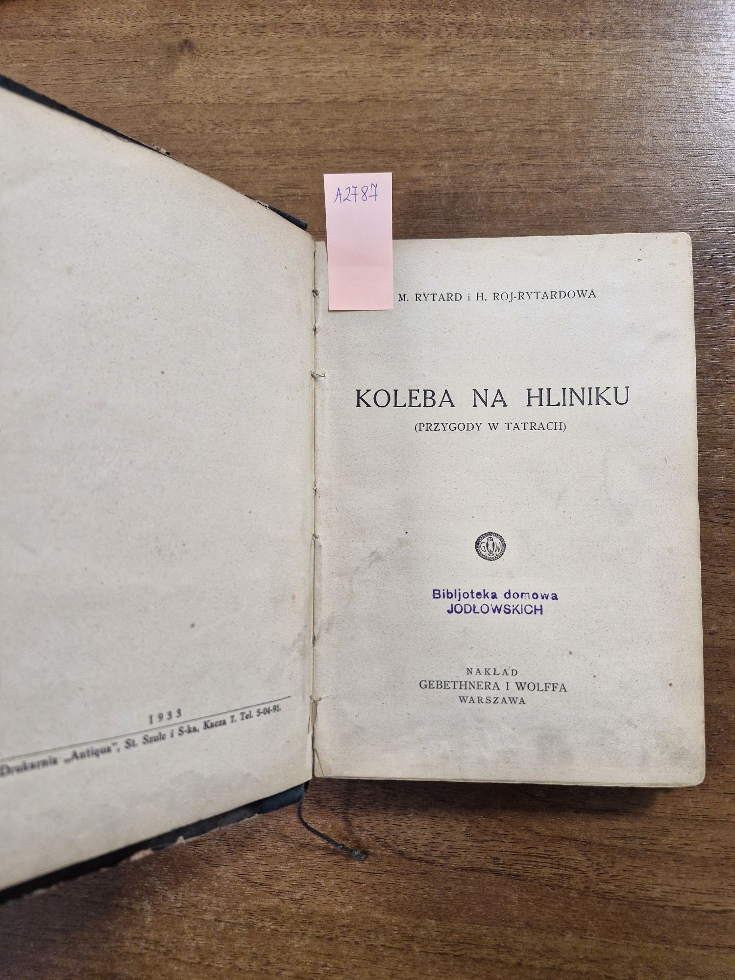 A2787. "Kolwba na Hilniku (przygody w Tatrach) J.M Rytard