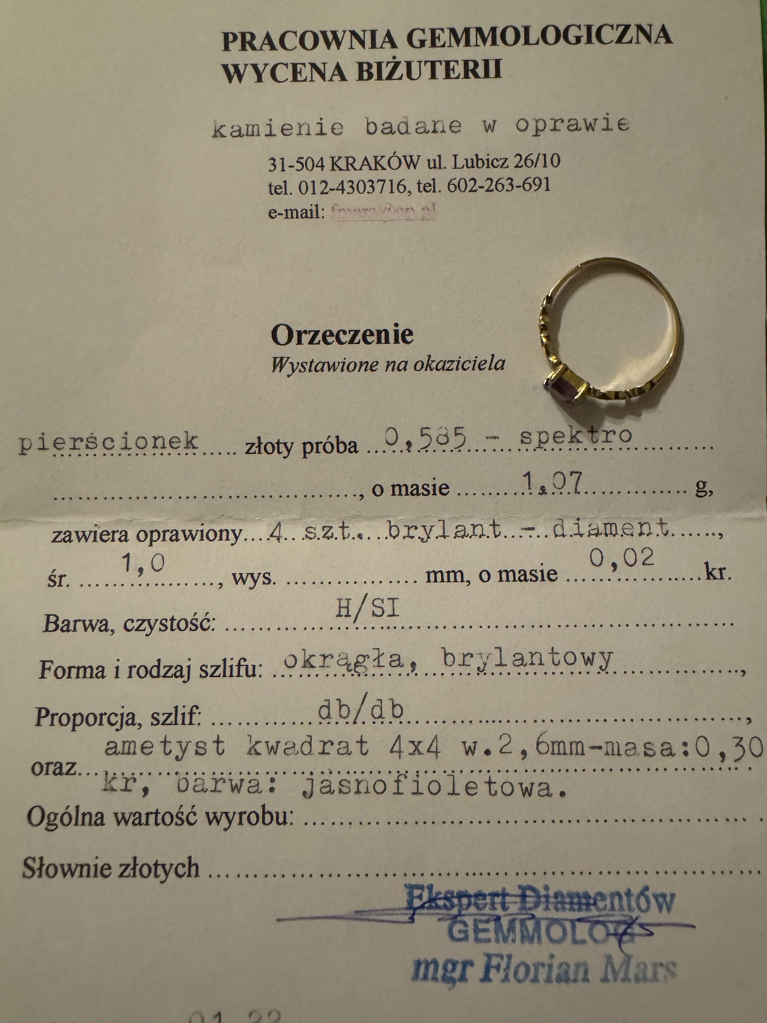 Złoty pierścionek z ametystem i brylantami