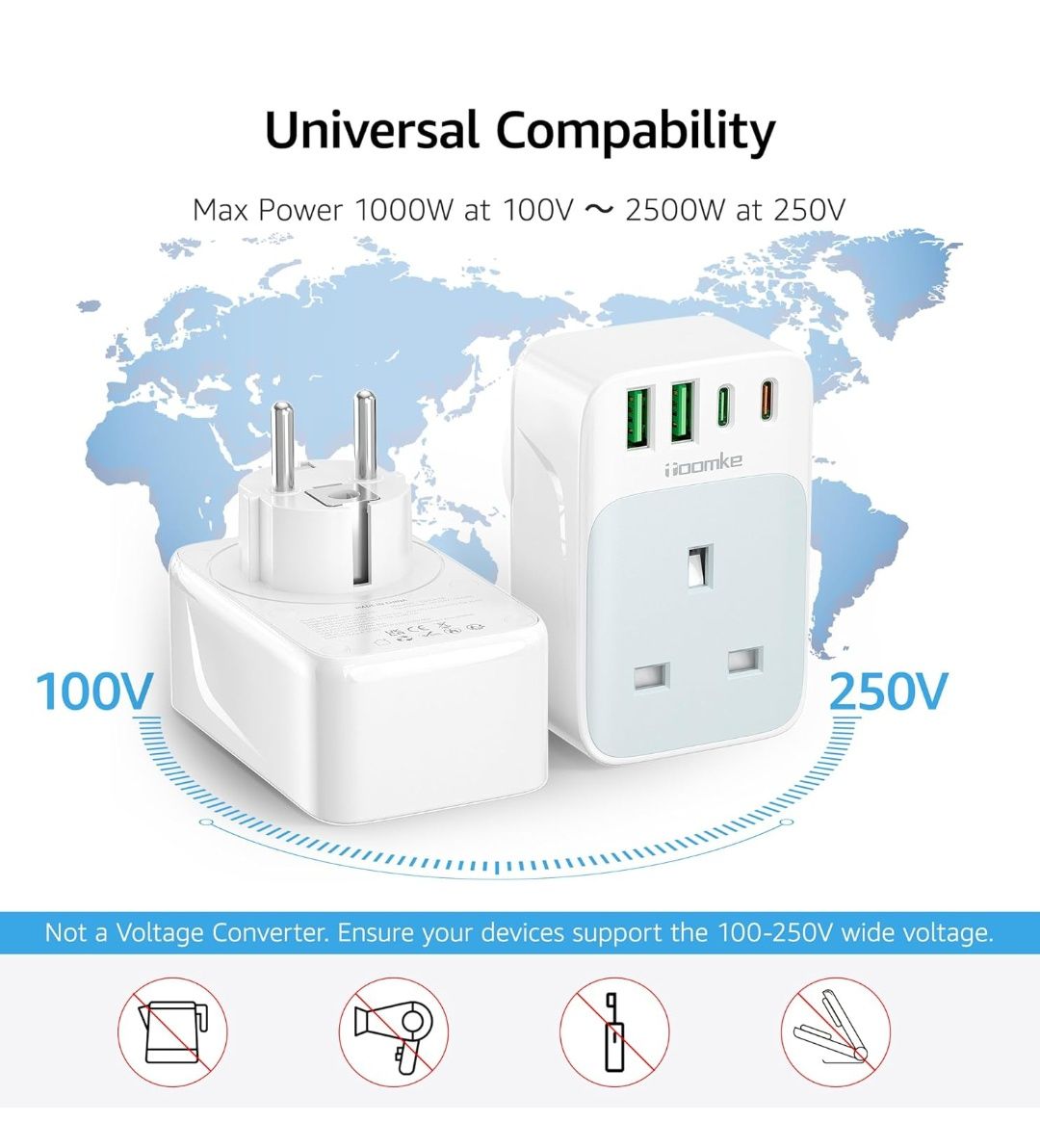 Wtyczka adaptera UK-EU, PD 35W Fast Charge USB C European Travel