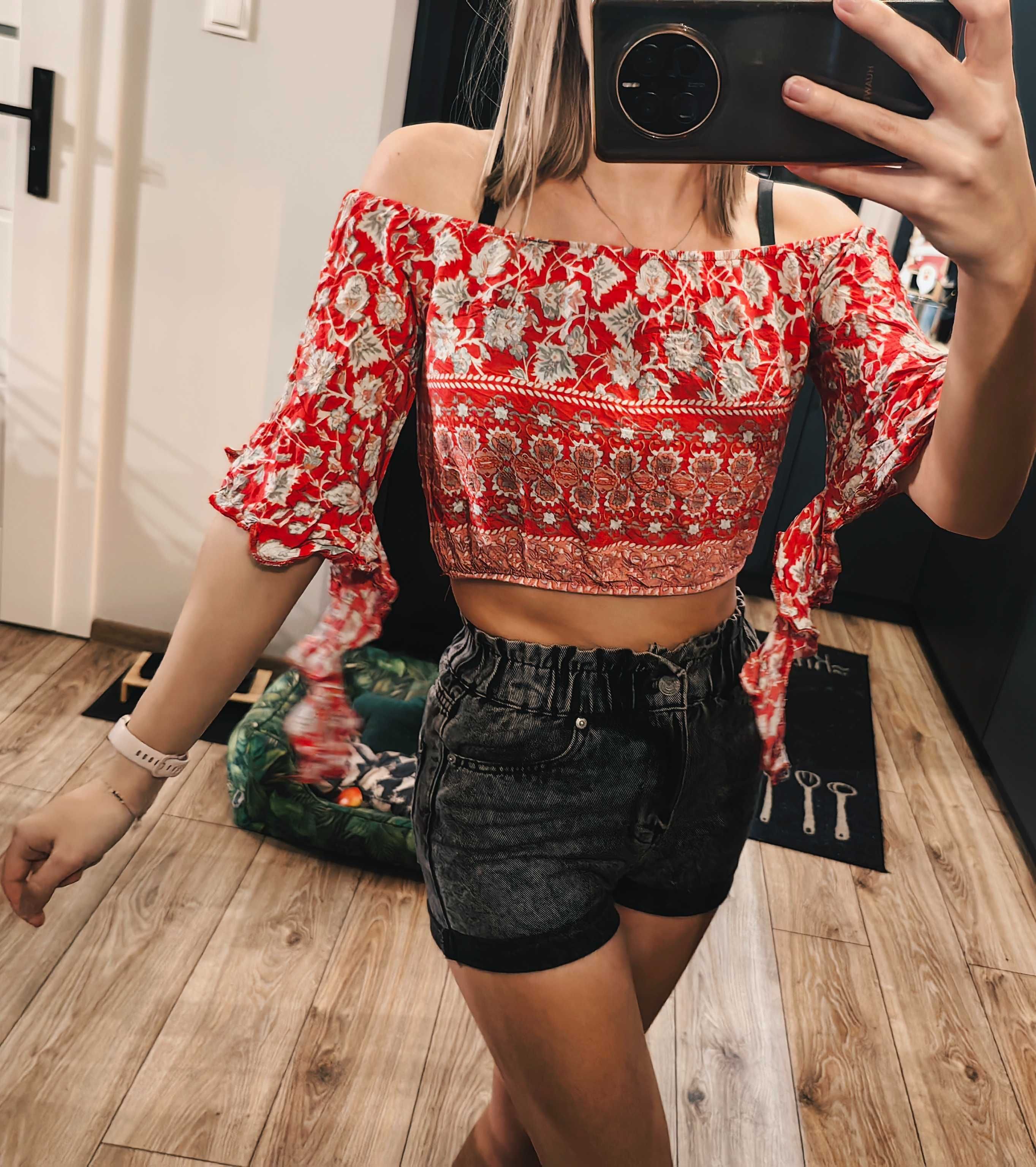 Bluzka hiszpanka crop top czerwona malinowa Parisian S/M falbanki